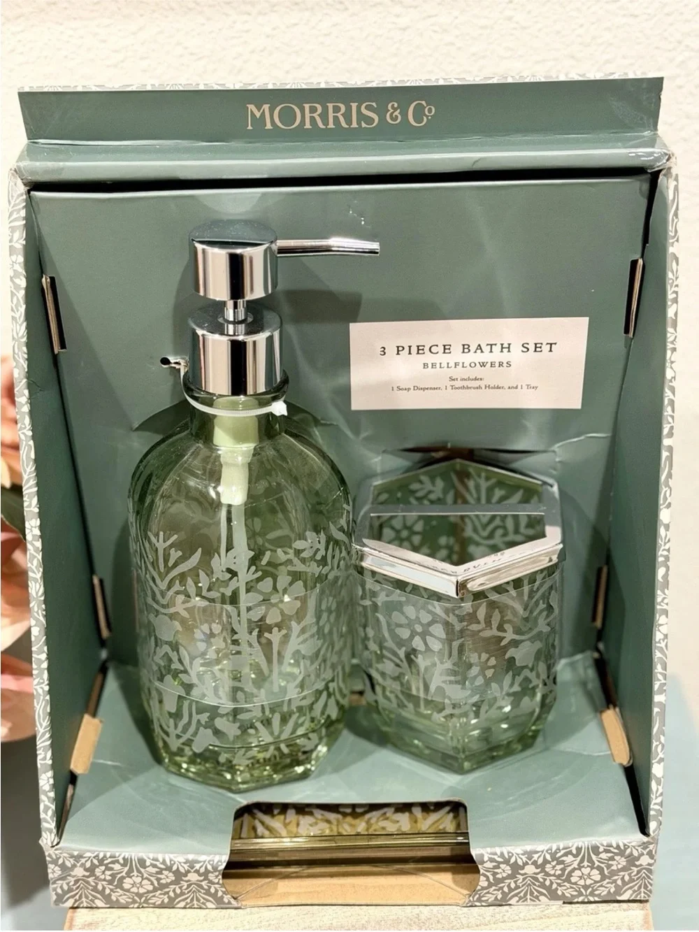 William Morris & Co Bathroom Vanity 3pc SET Tray Bellflower Etched Green Glass